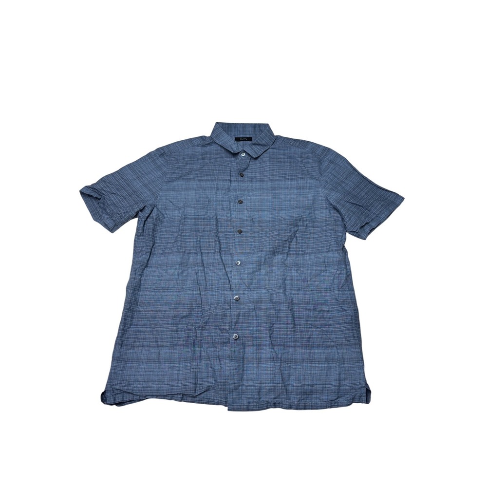 Theory Murray SS Crosshatch Linen Cotton Blend Button Down Shirt Blue Large